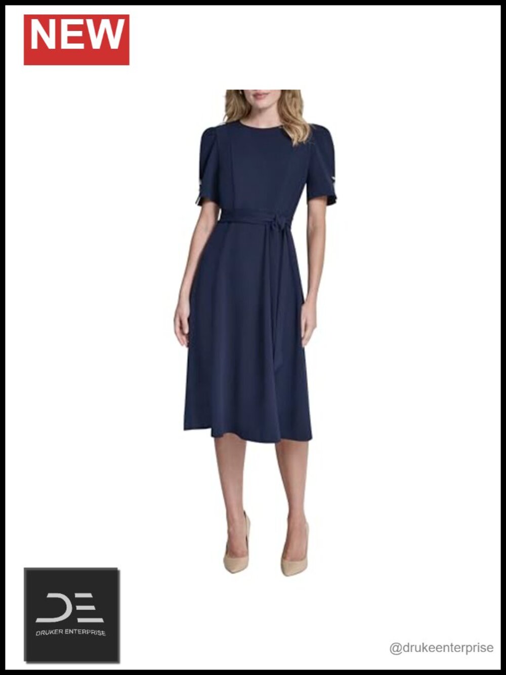 Short Puff Sleeve Jewel Neck Midi Dress Removable Belt Scuba Crepe